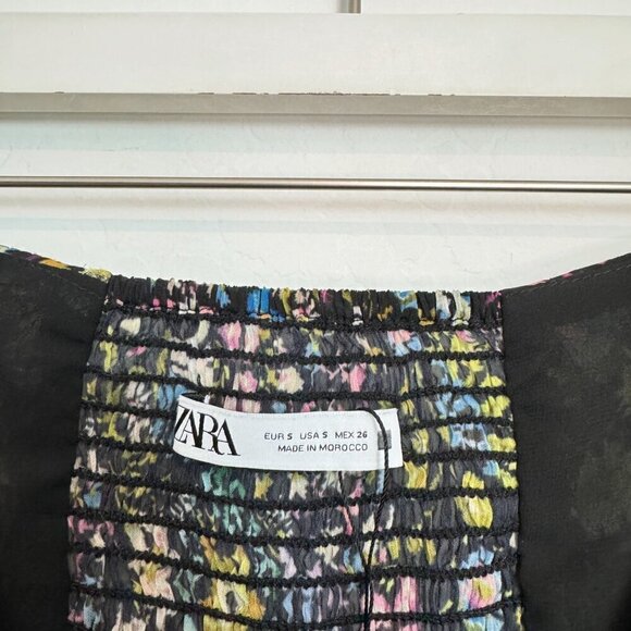 Zara Halter Tie Smocked Ruched Strapless Bodycon Floral Mini Dress Size Small - Picture 6 of 9